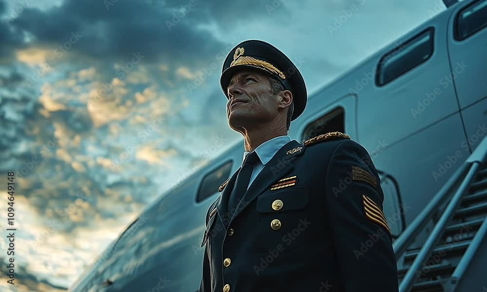 A confident pilot stands near an aircraft at sunset. A confident pilot stands near an aircraft at sunset.