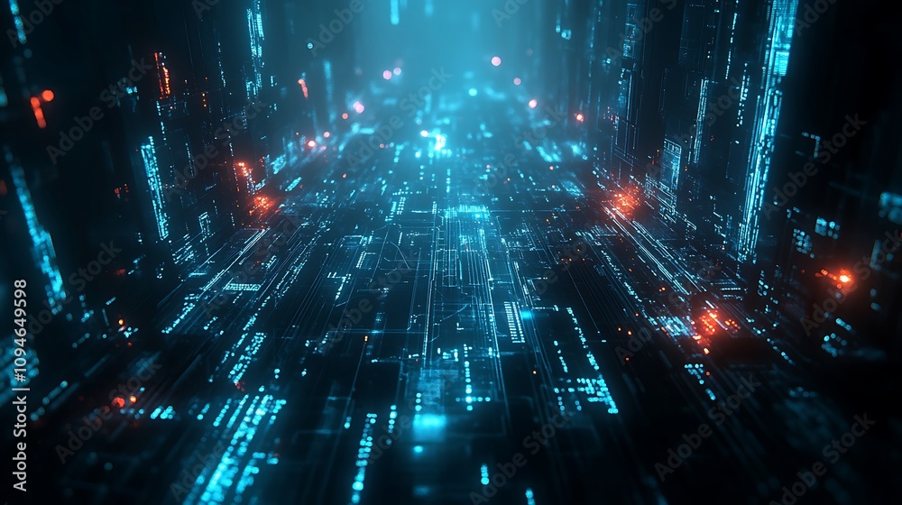 Fototapeta premium High-tech abstract 3d scene with digital connections and glowing blue hues