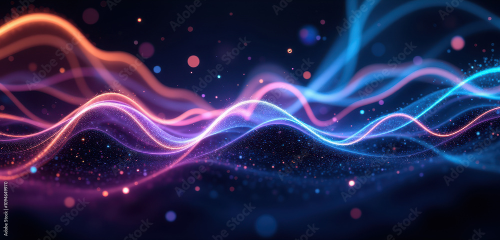 Abstract high-tech background with swirling lines and dots of light.