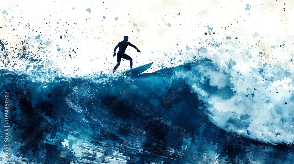 Silhouette of a surfer framed against a vast, breaking wave, watercolor details blending blues and whites, creating an impression of power and calm Silhouette of a surfer framed against a vast, breaking wave, watercolor details blending blues and whites, creating an impression of power and calm