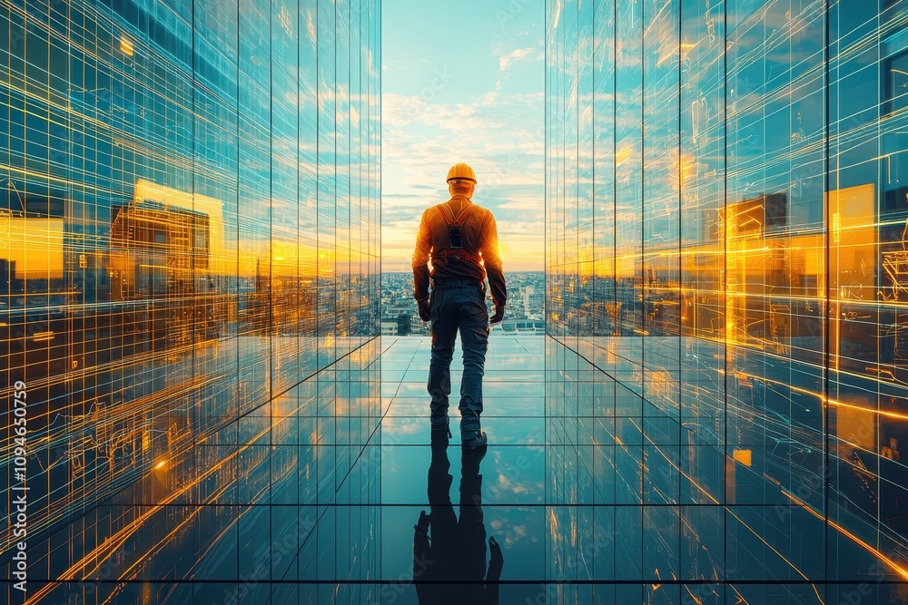 Obraz premium Close-up of a solar panel absorbing sunlight during a vibrant sunset with a worker observing the city skyline through a glass building structure.