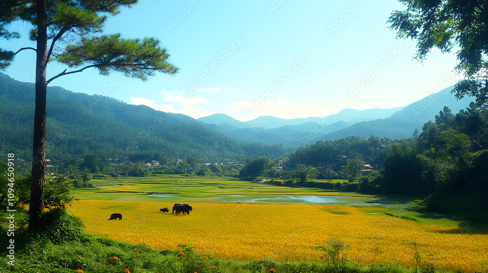 Obraz premium A scenic landscape featuring a vibrant yellow field, gentle hills, and a clear blue sky, with elephants grazing peacefully in the foreground
