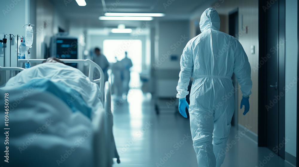 Healthcare staff in protective suits tend to patient in a modern hospital setting. Depict healthcare professionals in white protective suits attending to a patient in a brightly lit, Healthcare staff in protective suits tend to patient in a modern hospital setting. Depict healthcare professionals in white protective suits attending to a patient in a brightly lit,