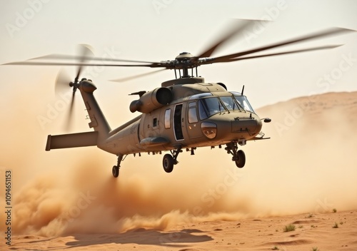 Helicopter lifts off from sandy desert landscape with clouds of dust swirling below photo