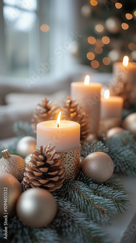 Candle, Christmas decorations, Merry Christmas and Happy New Year, banner with copy space