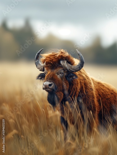 Endangered African buffalo in natural savannah habitat, wildlife close up