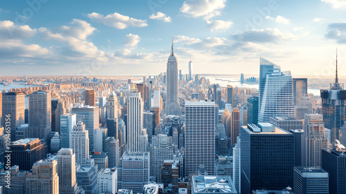 A stunning aerial view of a bustling city skyline, featuring iconic skyscrapers under a bright sky, showcasing urban beauty and architectural marvels.