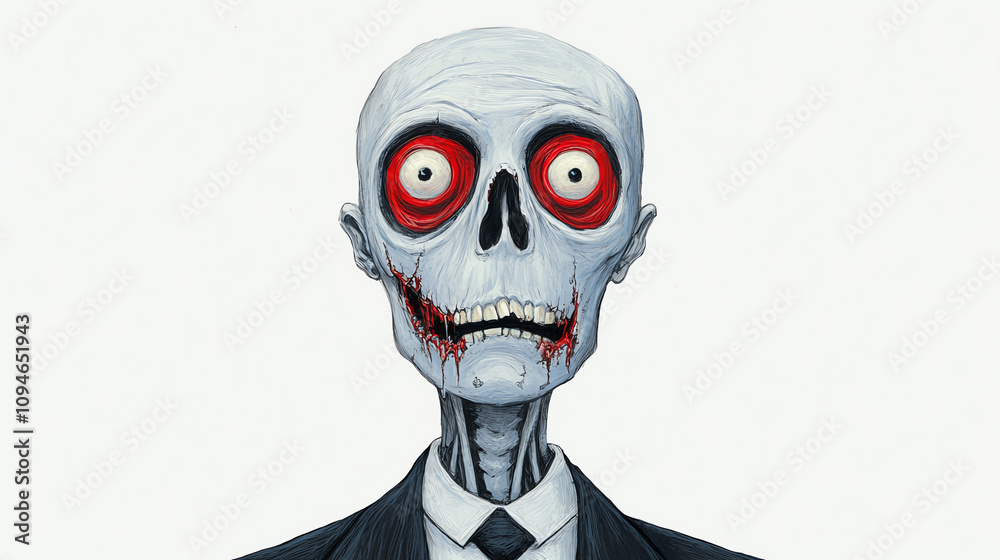 A whimsical skeleton figure in a suit, featuring exaggerated red eyes and a toothy grin, blending humor with a macabre theme. A whimsical skeleton figure in a suit, featuring exaggerated red eyes and a toothy grin, blending humor with a macabre theme.