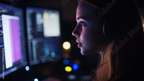 Young woman in headphones looking at computer screen with concentration.