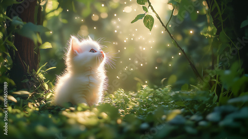 A cute white kitten sitting in a green garden photo