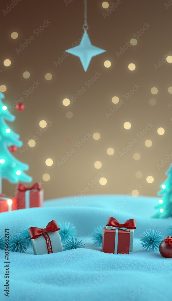 Two Christmas presents with red bows on a blue snowy surface with a blue Christmas tree in the background and blurred golden lights. Two Christmas presents with red bows on a blue snowy surface with a blue Christmas tree in the background and blurred golden lights.