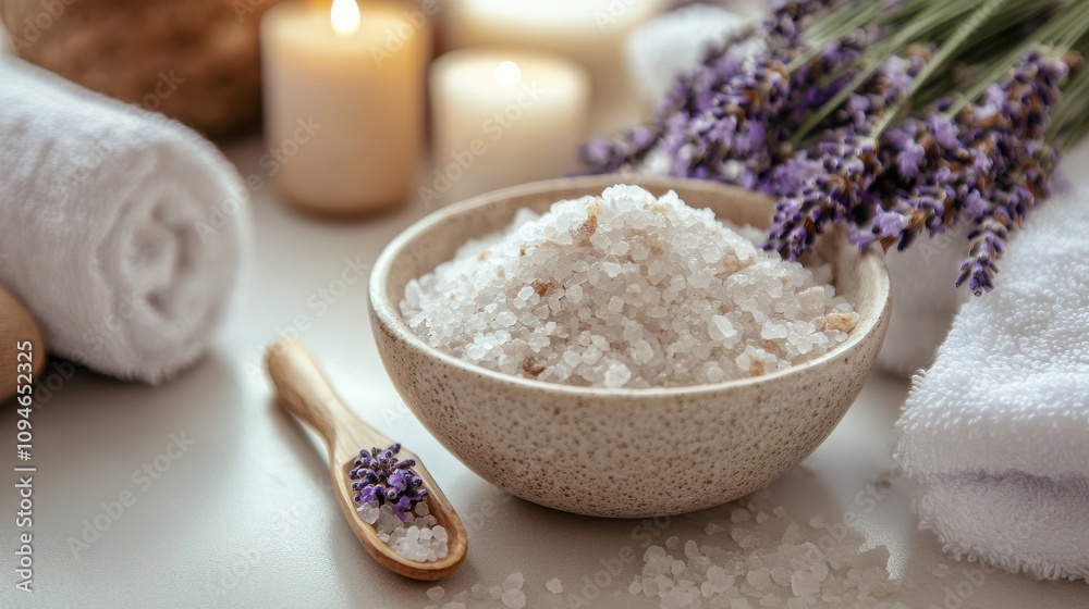 A calming spa environment featuring a bowl of bath salts surrounded by lavender flowers, lit candles, and plush towels, creating a serene atmosphere for relaxation and self-care. A calming spa environment featuring a bowl of bath salts surrounded by lavender flowers, lit candles, and plush towels, creating a serene atmosphere for relaxation and self-care.