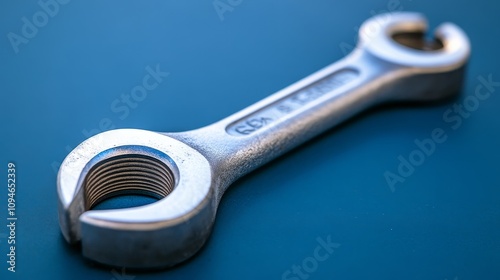 A silver wrench with a worn handle and a blue background