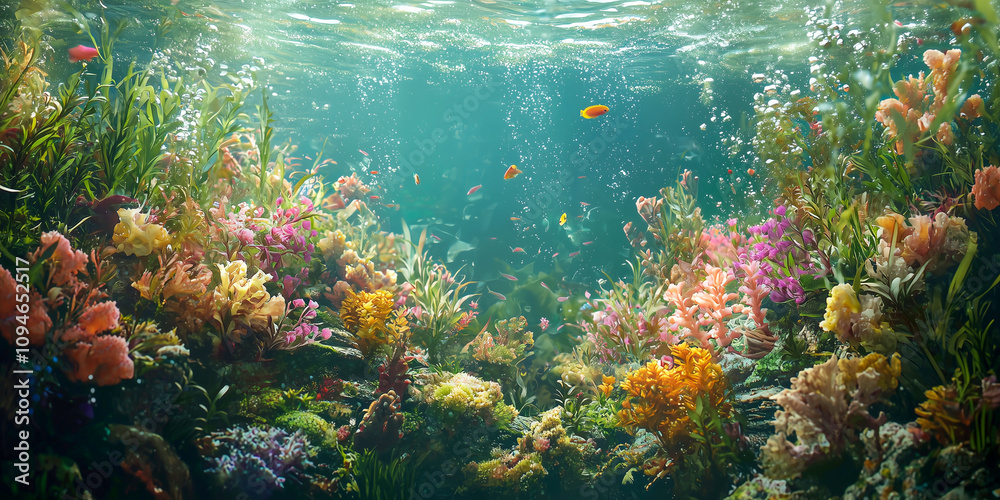 Naklejka premium Underwater world with corals and tropical fish