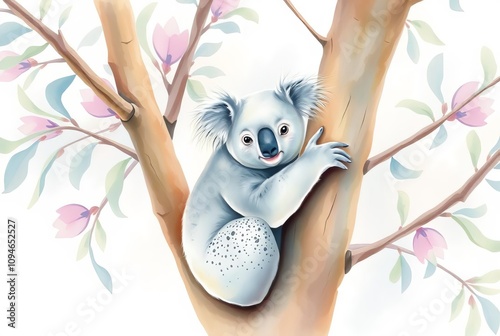 Watercolor Koala in Eucalyptus Tree A soft watercolor effect of photo