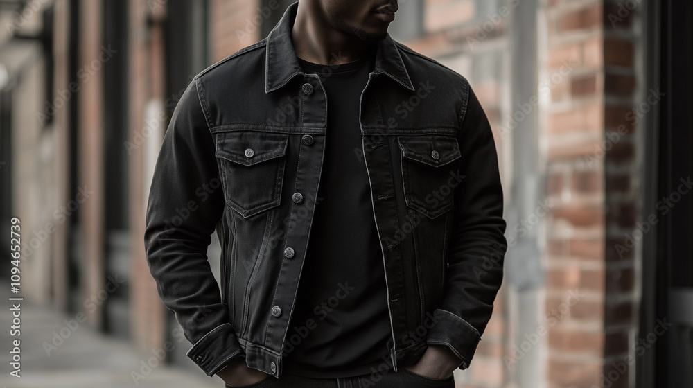 a man wearing a black denim jacket with a black t-shirt isolated on an industrial background, Ai generated images a man wearing a black denim jacket with a black t-shirt isolated on an industrial background, Ai generated images