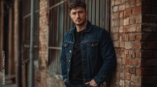 a man wearing a dark blue denim jacket with a black t-shirt isolated on an industrial background, Ai generated images