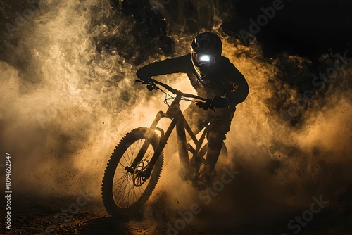 Rider performs mountain biking stunt amid clouds of dust at night