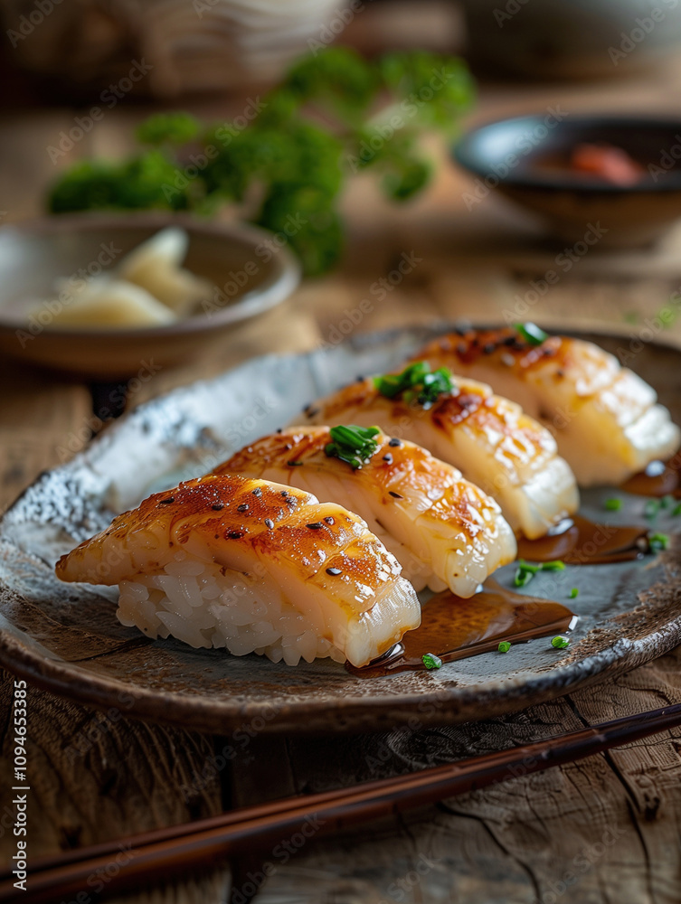 Japanese Buri Nigiri sushi on rustic wooden board, close up Japanese cuisine Japanese Buri Nigiri sushi on rustic wooden board, close up Japanese cuisine