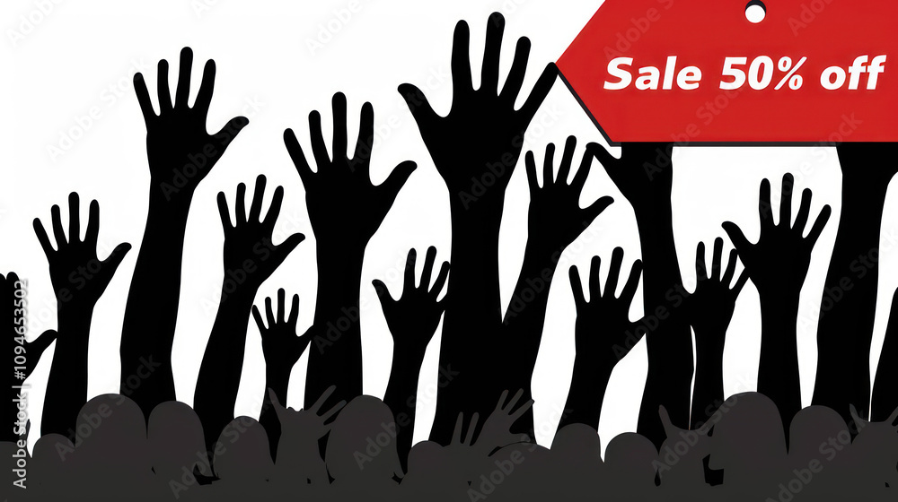Abstract silhouette of raised hands celebrating a sale with a bold 50 percent off sign in red, perfect for promotional marketing campaigns and advertisements on social media. Abstract silhouette of raised hands celebrating a sale with a bold 50 percent off sign in red, perfect for promotional marketing campaigns and advertisements on social media.
