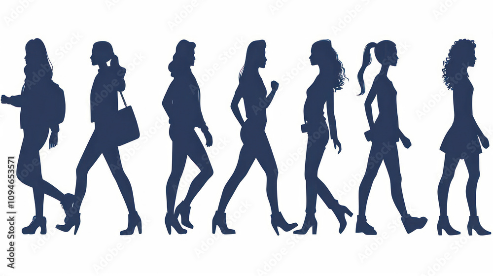 Silhouette of Diverse Women Walking in High Heels, Representing Fashion, Style, and Empowerment on a White Background Silhouette of Diverse Women Walking in High Heels, Representing Fashion, Style, and Empowerment on a White Background