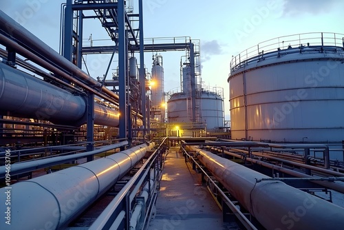 Industrial facility at dusk with pipelines and storage tanks