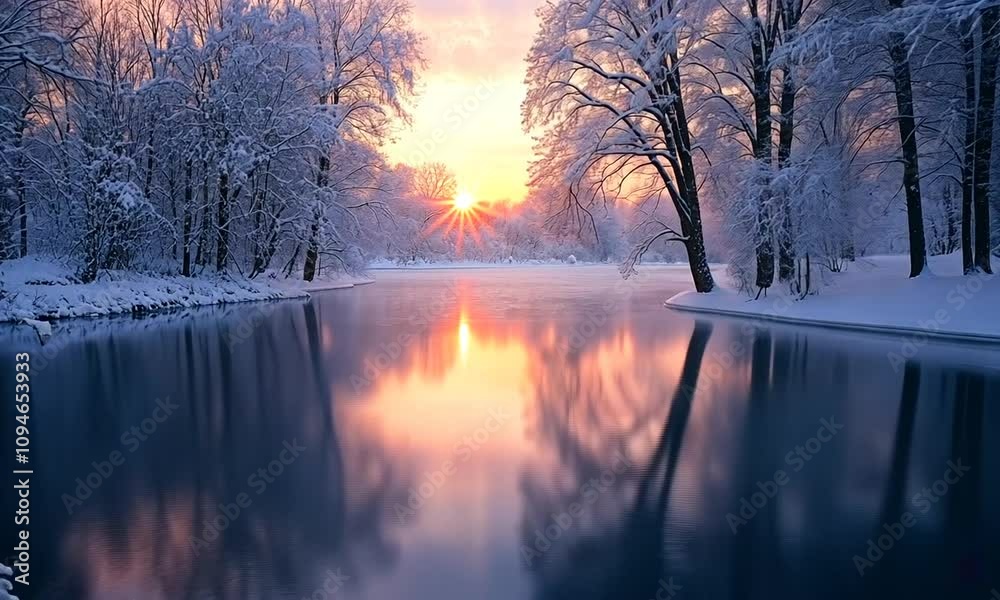 Serene winter landscape at sunrise over a snowy river. Serene winter landscape at sunrise over a snowy river.