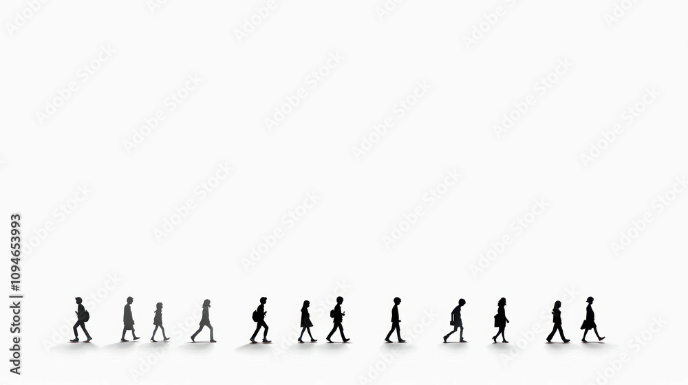 Silhouetted Figures Progressing in a Sequential Walking Motion Against a Minimalist Background for Business, Community, or Lifestyle Themes Silhouetted Figures Progressing in a Sequential Walking Motion Against a Minimalist Background for Business, Community, or Lifestyle Themes
