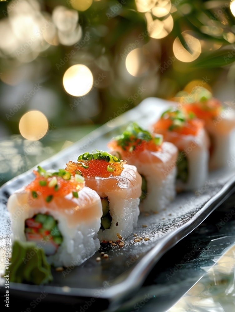 Gourmet Hamachi yellowtail roll with scallions, elegant sushi presentation on a beige background Gourmet Hamachi yellowtail roll with scallions, elegant sushi presentation on a beige background