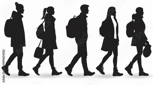 Silhouetted Figures Walking with Backpacks in a Row against a Clean White Background, Perfect for Illustrating School Life, Travel, or Urban Exploration Concepts