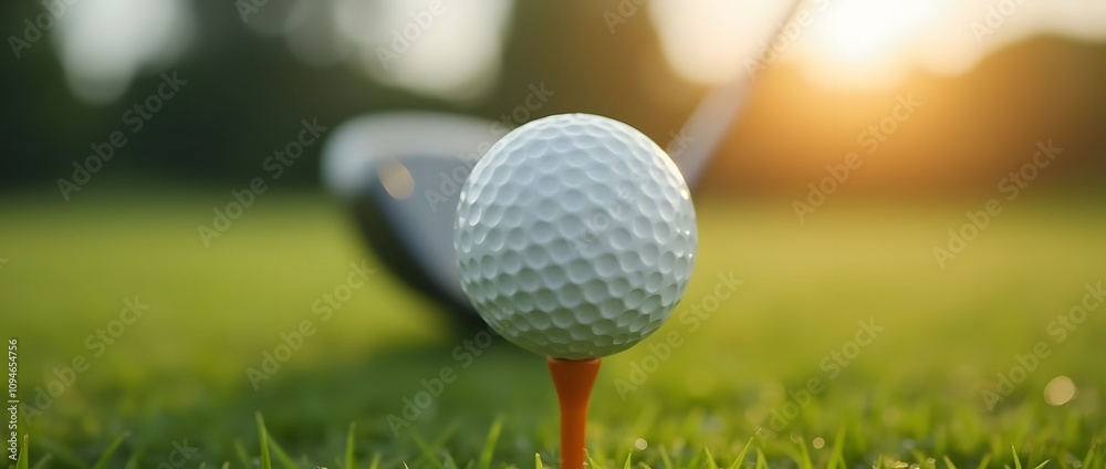 Golf Ball on Tee at Sunset – Focused Shot of Golfing Equipment and Sport Lifestyle Golf Ball on Tee at Sunset – Focused Shot of Golfing Equipment and Sport Lifestyle