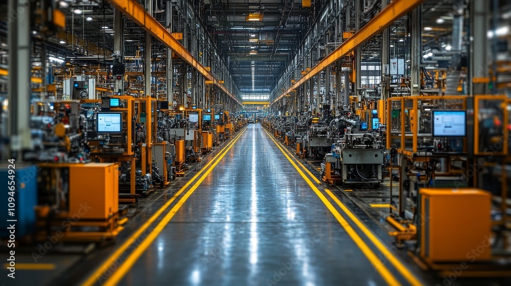 Industrial warehouse with rows of machinery and yellow lines on the floor Industrial warehouse with rows of machinery and yellow lines on the floor