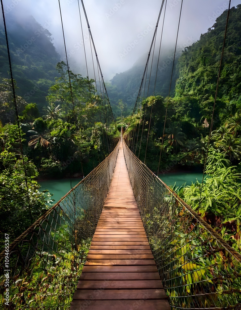 Obraz premium Swinging bridge over a tropical river surrounded by misty mountains and dense jungle