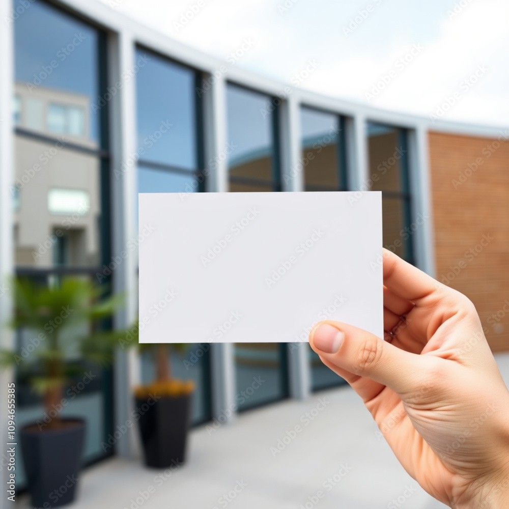 Hand holding blank white business card mockup on outdoor office building background. Hand holding blank white business card mockup on outdoor office building background.