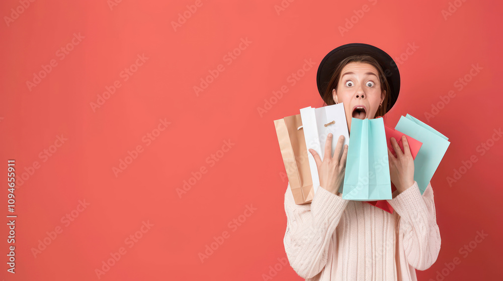 Excited Young Woman shopper in Sweater Holding Multiple Colorful Shopping Bags with Surprised Expression Against a Bright Red Background Excited Young Woman shopper in Sweater Holding Multiple Colorful Shopping Bags with Surprised Expression Against a Bright Red Background