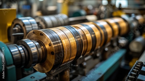 Close-up of a metal-working machine with gears and rollers