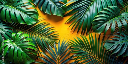 Wallpaper Mural Tropical Palm and Monstera leaves create a vibrant summer ambiance, offering a chic background with ample space for text, ideal for stylish design projects. Torontodigital.ca