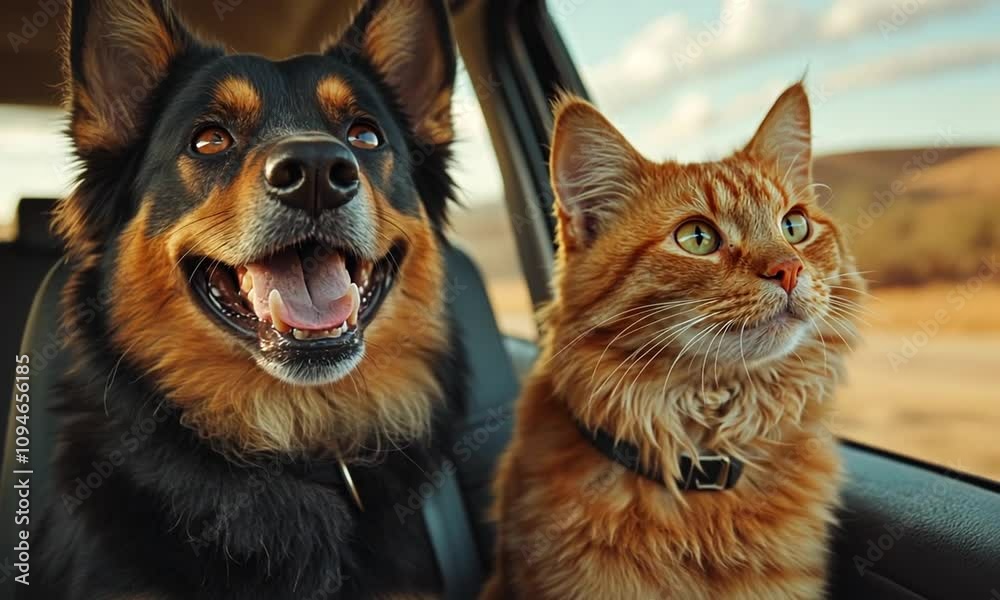 Dog and cat enjoying a car ride together. Dog and cat enjoying a car ride together.