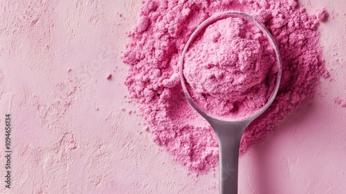 A metal spoon holds bright pink powder, surrounded by a dusting of the same vibrant hue on the surface. This colorful substance suggests a fun and playful application, possibly for baking or crafts.