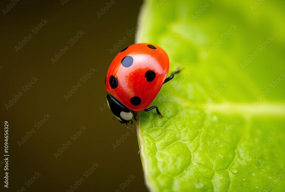 Fototapeta premium Close up of a Ladybug on Leaf A bright red ladybug with black sp