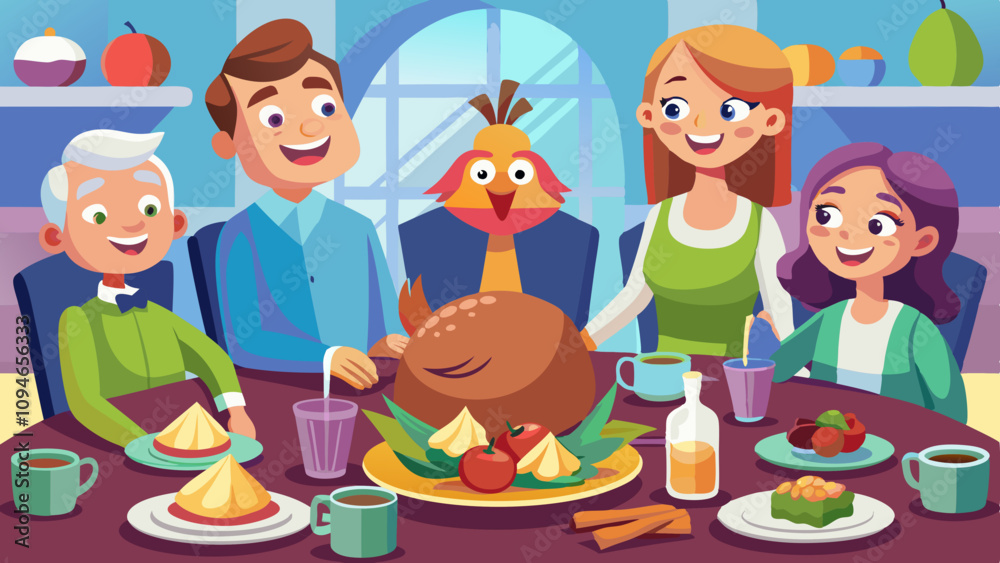 Festive table with roasted turkey centerpiece surrounded by smiling family members, sharing laughter and seasonal joy during a feast.
Festive table with roasted turkey centerpiece surrounded by smiling family members, sharing laughter and seasonal joy during a feast.