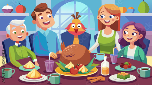 Festive table with roasted turkey centerpiece surrounded by smiling family members, sharing laughter and seasonal joy during a feast.
