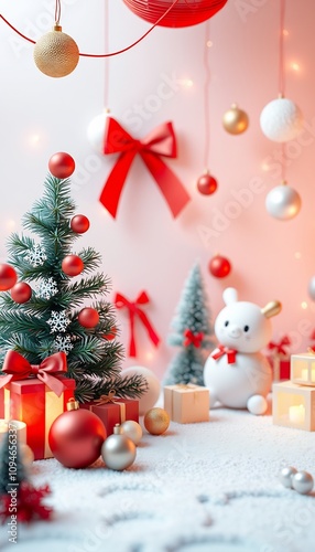 Christmas tree with red baubles, presents and a snowman on a white snowy background.