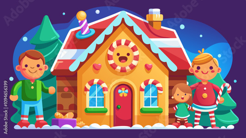 Sweet cake house creation with colorful decorations, family building and adorning delightful candy home, joyful baking activity