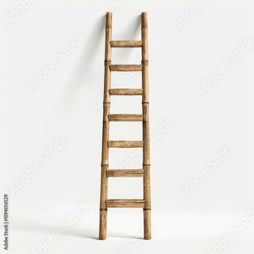 Wooden bamboo ladder standing against a white wall, creating a minimalist and stylish interior design element