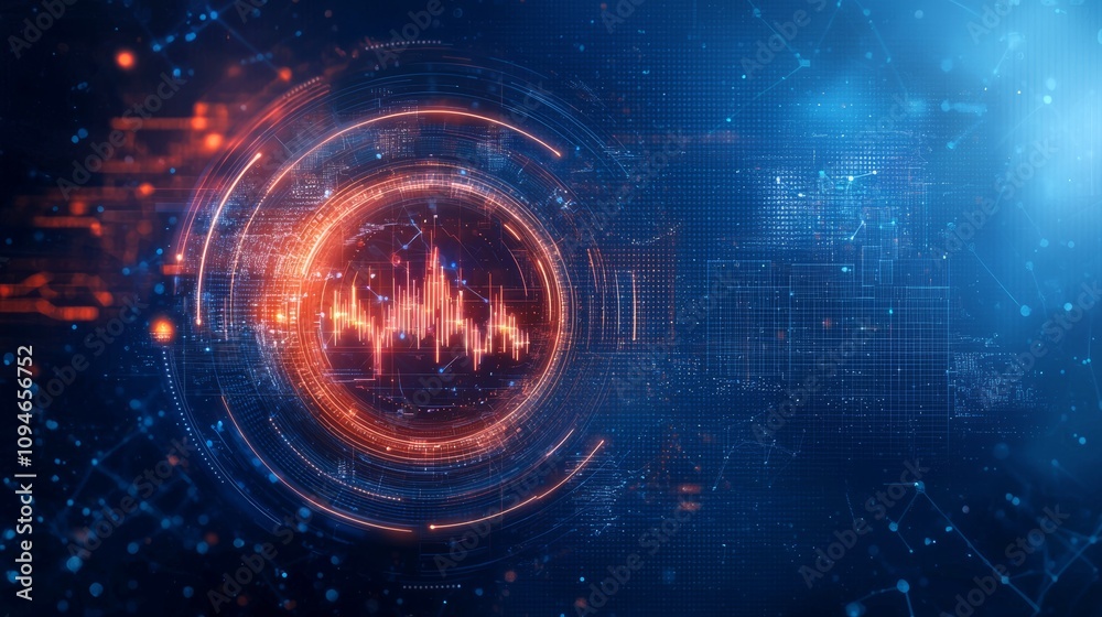 Obraz premium Anti tracking control conceptual. A vibrant digital visualization of sound waves, with futuristic elements and a blue background, illustrating technology and audio dynamics.