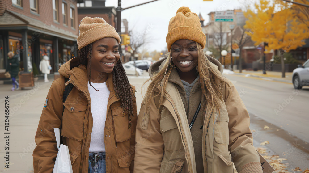 Two Smiling Young Women Walking Together in a Cozy Urban Setting, Surrounded by Autumn Leaves and Vibrant Fall Colors, Capturing Friendship and Joyful Moments Two Smiling Young Women Walking Together in a Cozy Urban Setting, Surrounded by Autumn Leaves and Vibrant Fall Colors, Capturing Friendship and Joyful Moments