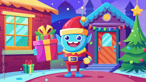 Funny colorful monster bringing presents and joy to a beautifully decorated home. Joyful creature arriving at warm festive house with gifts and decorations