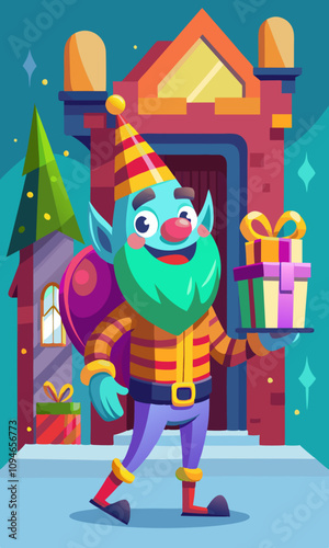Funny colorful monster bringing presents and joy to a beautifully decorated home. Joyful creature arriving at warm festive house with gifts and decorations