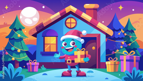 Funny colorful monster bringing presents and joy to a beautifully decorated home. Joyful creature arriving at warm festive house with gifts and decorations
